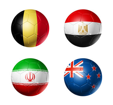 Football competition 2026 group G flags on soccer balls. 3D illustration isolated on white background