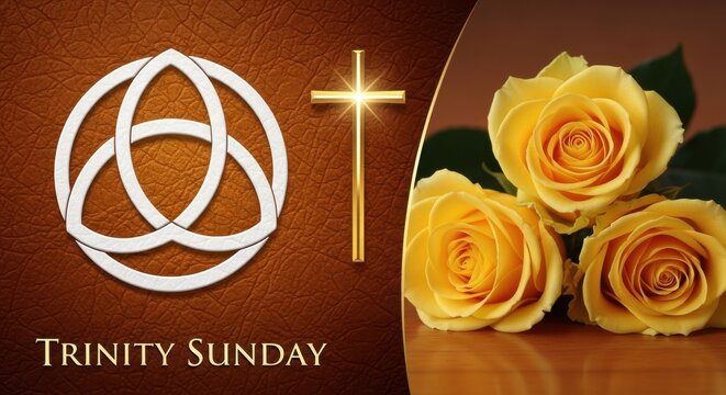 Trinity Sunday symbol with golden cross and roses