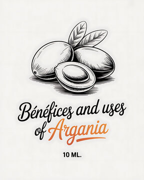 Benefits and uses of argan oil with argania nuts and leaves on white background