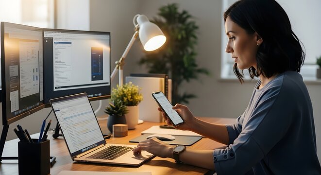 Professional workstation with multiple monitors and a smartphone being used for work.