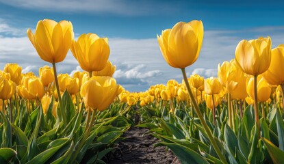 Fototapeta premium Vibrant Yellow Tulips Field Under a Cloudy Sky.