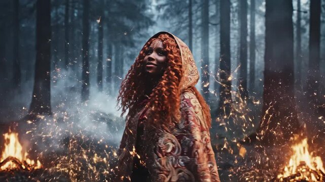 Beautiful fantasy sorceress with long curly hair casting a magical spell in a dark mystical forest.