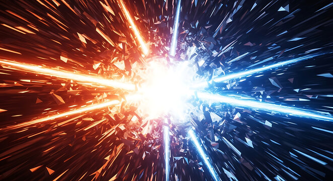 energy collision light explosion and abstract fragments demonstrate a futuristic concept with dynamic impact contrasting red and blue beams.