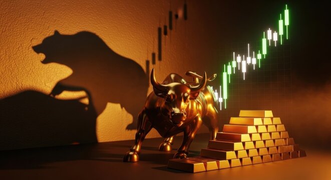 Golden bull statue with gold bars and stock market graph