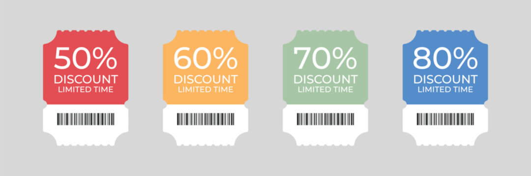 Discount voucher tickets with percentage labels and barcode, colorful coupon set for retail sale promotion