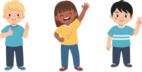 Fototapeta premium Happy diverse children waving smiling cartoon kids illustration friendship multicultural group playful childhood characters isolated background flat vector design colorful