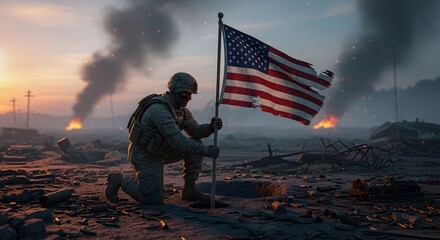 Obraz premium A lone soldier kneeling in a wartorn battlefield planting an american flag amidst smoke and debris at sunset