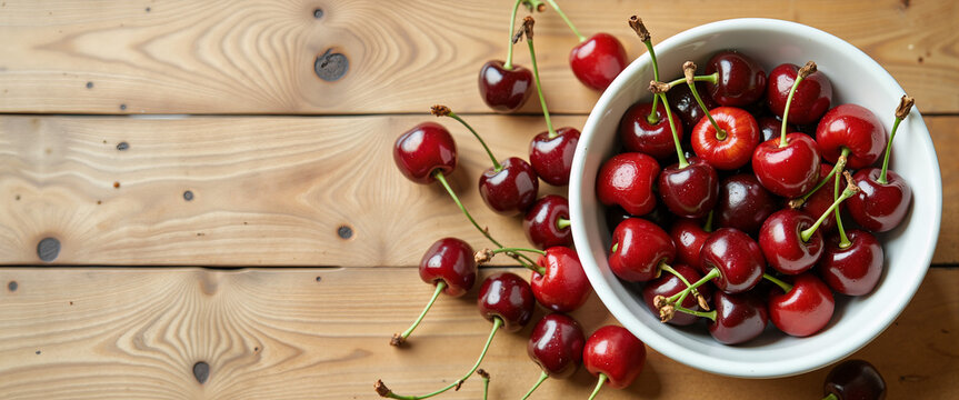 Fresh cherries in a white bowl on wooden surface with scattered fruits  