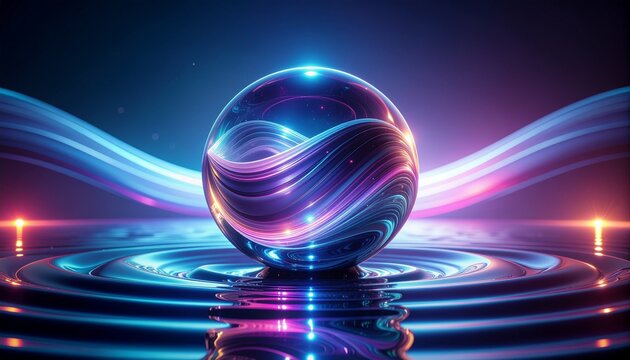 Glossy chrome sphere reflecting vibrant neon wave ripples in dark futuristic space