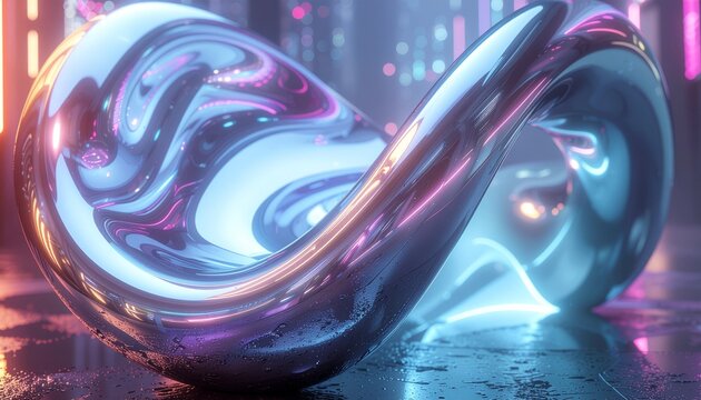 Glossy silver liquid infinity loop with neon cyberpunk glow reflection