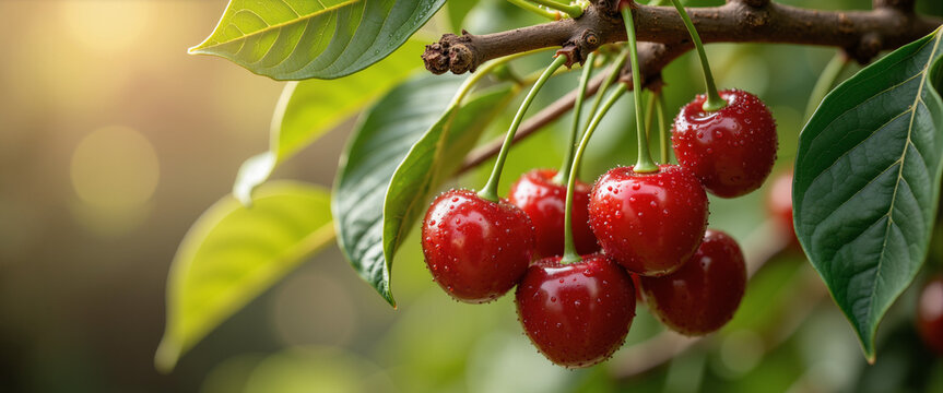 Ripe cherries hanging on tree branch with green leaves in sunlight  