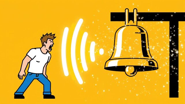 Man running from ringing alarm bell.