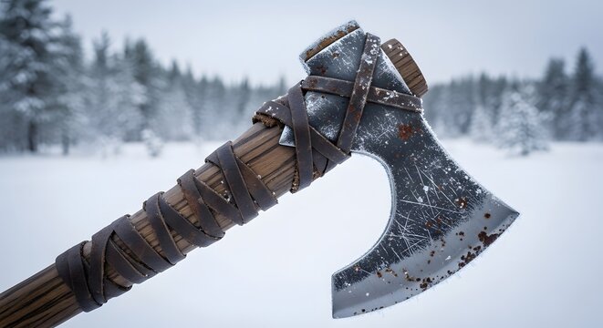 Close-up of a Viking battle axe in a snowy forest setting