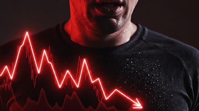 Man with red line graph declining.