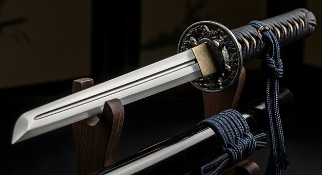 Antique Japanese Katana Sword with Ornate Tsuba and Blue Handle Wrap