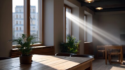 Fototapeta premium A sunbeam streams into an empty modern wooden workspace filled with plants and natural light