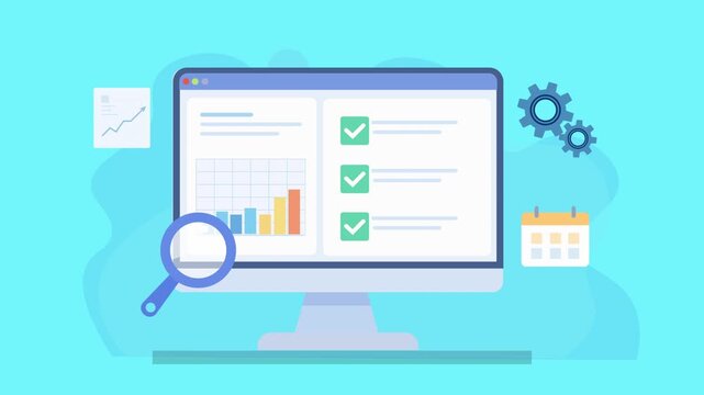 Animated analytics dashboard with charts, checklist, email, automation gears and calendar icons, representing workflow automation, scheduling, and data driven monitoring in a modern interface.