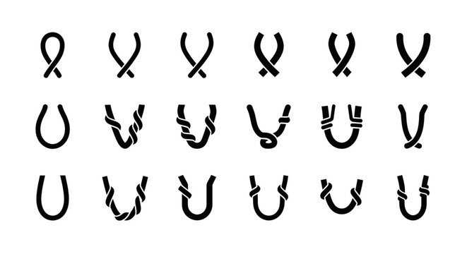 Horseshoe icons, black metal symbols, horse shoe shapes, vector graphics, 20 decorative elements