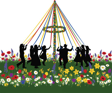 Traditional Maypole Dance Illustration with People Silhouettes and Wildflowers