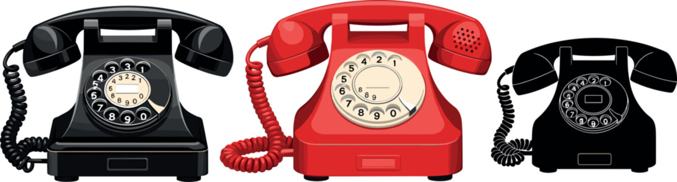 Vintage rotary telephone collection with classic retro landline phones in different colors, old communication devices vector illustration set