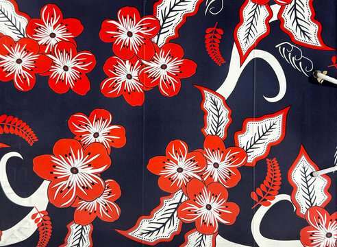 Graphic design of random ornamental flower and leaves paisley pattern in red and white color with blue background. Suitable for fabric, textile, wall paper, illustration. Seamless background texture.