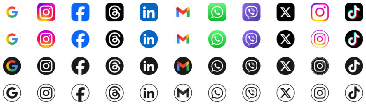 social media icon set or social network logos , Facebook, linkedin, instagram, threads, x, youtube, google, gmail, whatsapp, viber, snapchat, tiktok, flat vector icon . Contact us web icons set