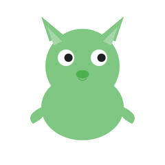 Fototapeta premium A cute green cartoon creature with large eyes and pointy ears sits on a plain background