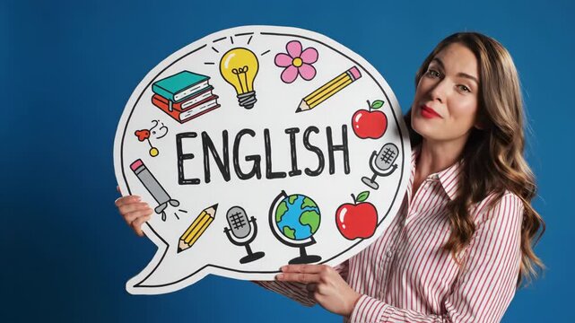 Smiling female teacher holding a speech bubble sign for English language education and learning.