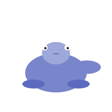 A smiling purple creature sits calmly on the ground indoors
