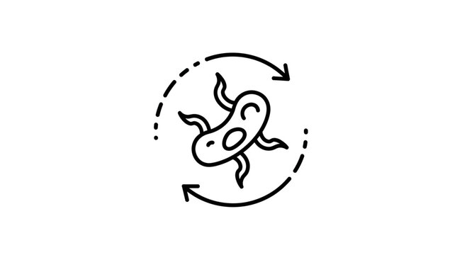 Cute Cartoon Bacteria Icon with Circular Arrows, Microbiology and Science Concept