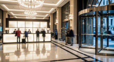 Fototapeta premium Modern Hotel Lobby Reception Desk with Guests