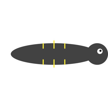 A sleek black fishing lure with yellow stripes and a white eye travels through water.