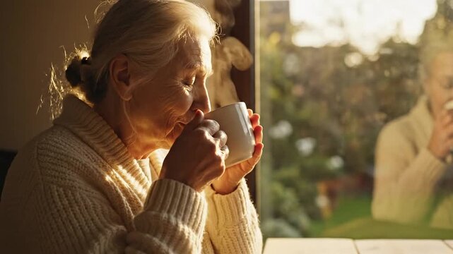 Senior woman drinking coffee by window.