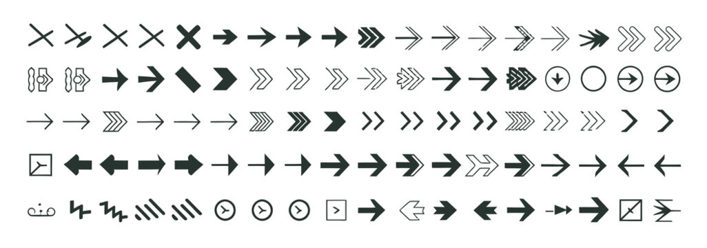 Extensive collection of arrow icons in various styles, sizes, and directions for diverse design needs.