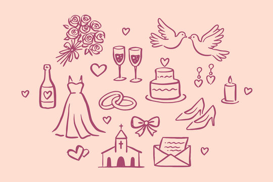 Wedding doodle icon set hand drawn vector illustration