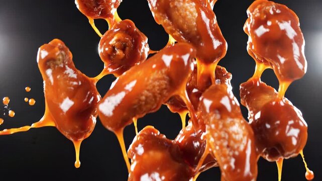 Buffalo chicken wings with dripping hot sauce splash 4k video