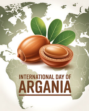 International day of argania illustration with argan nuts and leaves on world map background