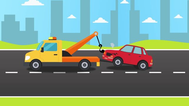 Tow Truck Towing Broken Car On Road at City Background. Flat Animation,  roadside assistance, vehicle breakdown, and emergency towing service.
