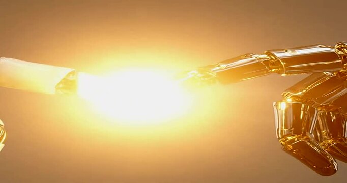 Robot arms colliding with sparks flying.