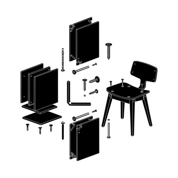 furniture assembly exploded view illustrating diy chair components and modular shelving perfect for instruction manuals.
