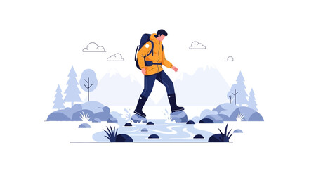Fototapeta premium Hiker crossing stream on stones, adventure, nature, outdoor activity, travel, hiking