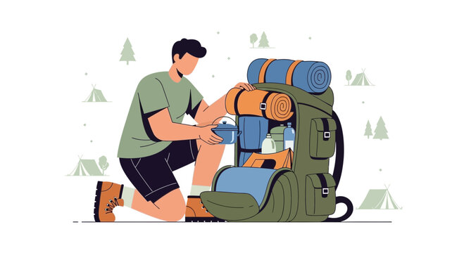 Hiker packing backpack for camping trip in nature with tents and trees