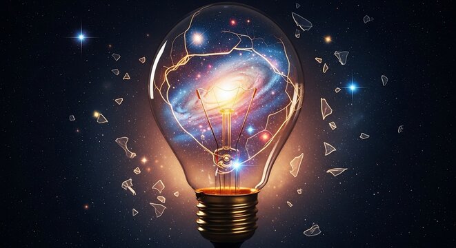 Cosmic Galaxy Exploding Inside a Broken Light Bulb Symbolizing Ideas.