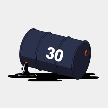 oil barrel with the number 30 spilling crude oil symbolizing falling prices and economic crisis on a light grey background
