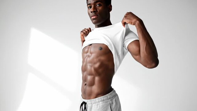 Athletic black man wearing a blank white t-shirt mockup for apparel branding and design.