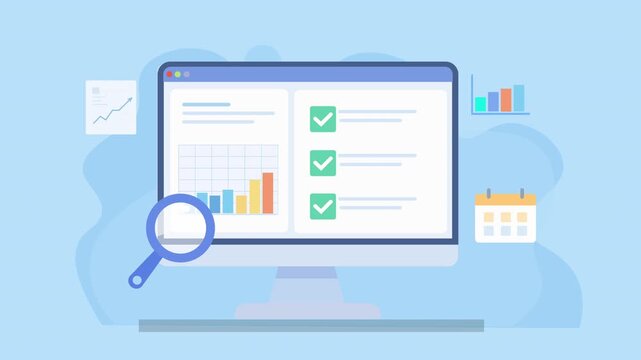 Animated analytics dashboard with charts, checklist, email and calendar icons, representing communication, scheduling, and data driven workflow management in a modern interface.