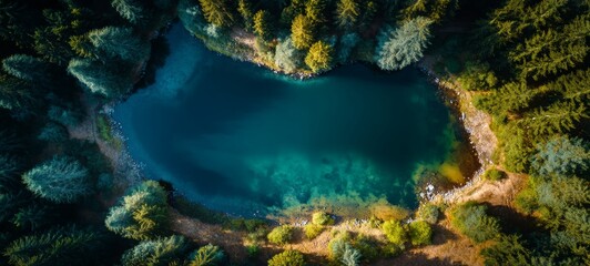 Fototapeta premium Aerial Drone View of Deep Blue Water Between Steep Green Mountains, Bright Daylight Minimal Landscape with Dramatic Yet Clean Composition and Majestic Nature Copy Space
