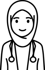 Obraz premium Hand Drawn Beautiful Female Doctor Wearing Hijab Black and White Illustration in Minimal Line Art Style Design