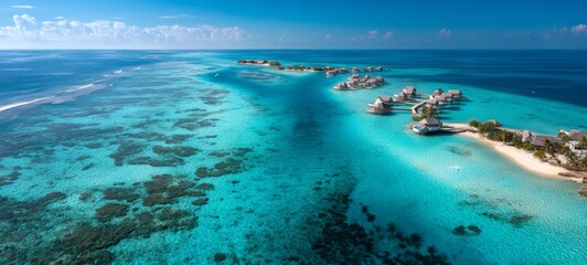 Obraz premium Aerial Drone View of Tropical Islands with Crystal Clear Turquoise Water, Coral Reefs and Overwater Villas in Bright Sunlight, Minimal Luxury Travel Paradise Concept with Copy Space