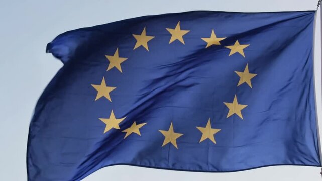 European Union Flag Waving Blue Sky Stars Motion
